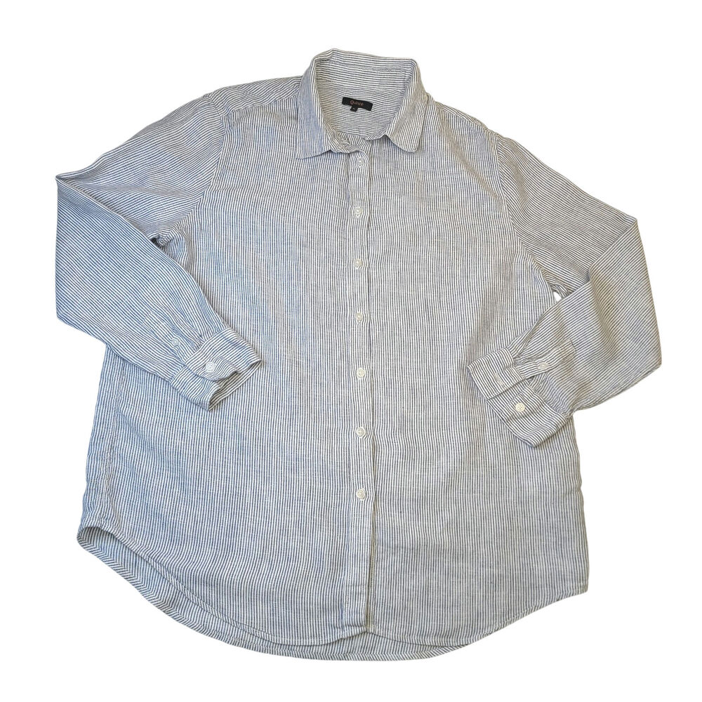 Quince Women's 100% European Linen Blue White Stripes Long Sleeve Shirt Size XL